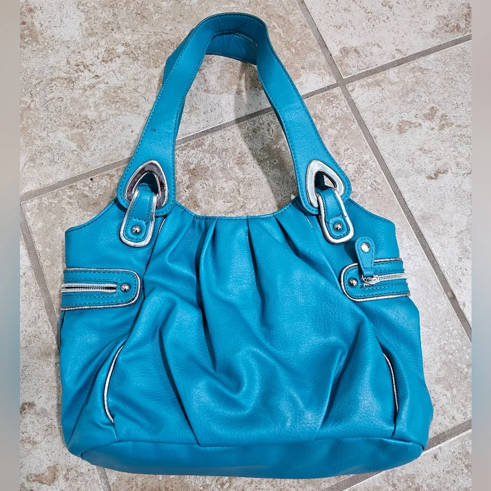 Nine & Co Womens Teal Faux Leather Shoulder Bag Medium Tote Purse Y2K Casual - Picture 3 of 7